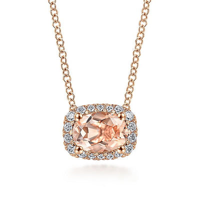 Gabriel & Co. NK5309K45MO 14K Rose Gold Oval Morganite and Diamond Halo Pendant Necklace