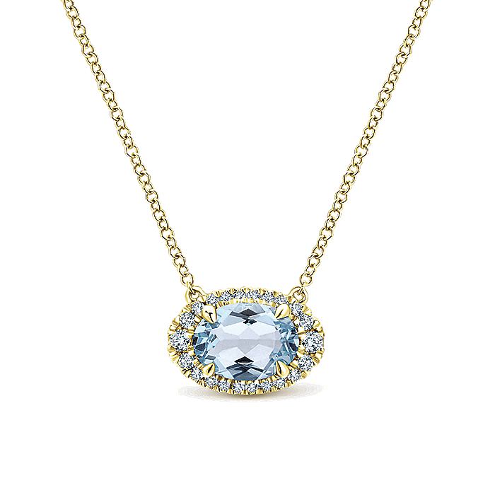 Gabriel & Co. NK5312Y45AQ 14K Yellow Gold Oval Aquamarine and Diamond Halo Pendant Necklace