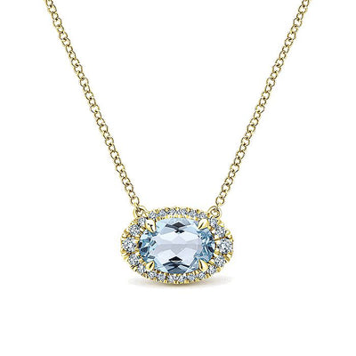 Gabriel & Co. NK5312Y45AQ 14K Yellow Gold Oval Aquamarine and Diamond Halo Pendant Necklace