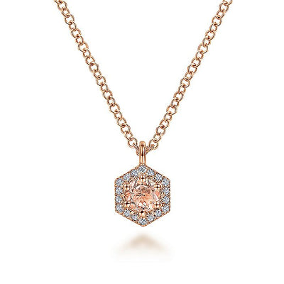 Gabriel & Co. NK5446K45MO 14K Rose Gold Hexagonal Halo Morganite and Diamond Pendant Necklace