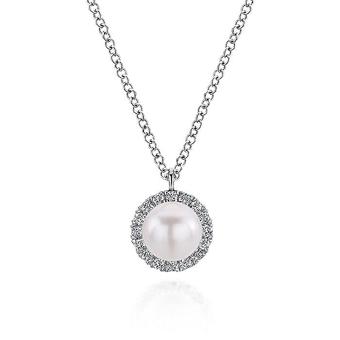 Gabriel & Co. NK5619W45PL 14K White Gold Cultured Pearl and Diamond Halo Pendant Necklace