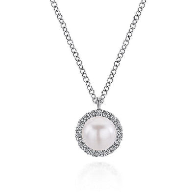 Gabriel & Co. NK5619W45PL 14K White Gold Cultured Pearl and Diamond Halo Pendant Necklace