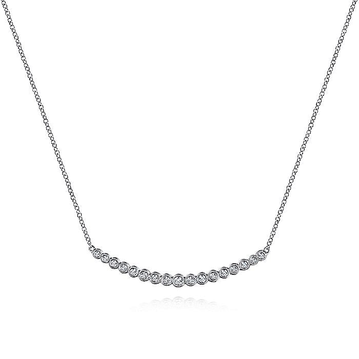 Gabriel & Co. NK5796W45JJ 14K White Gold Curved Bar Necklace with Bezel Set Round Diamonds