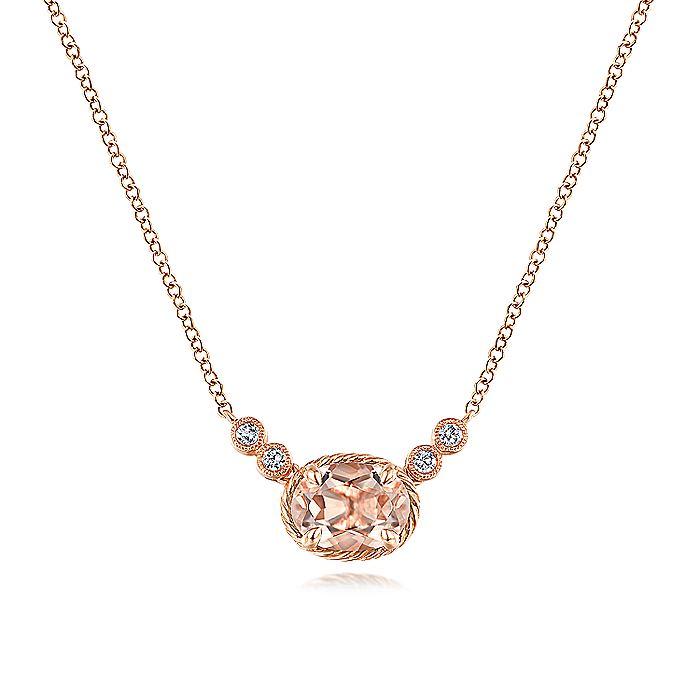 Gabriel & Co. NK5937K45MO 14K Rose Gold Oval Morganite Pendant Necklace with Diamond Accents