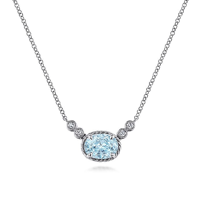 Gabriel & Co. NK5937W45AQ 14K White Gold Oval Aquamarine Pendant Necklace with Diamond Accents