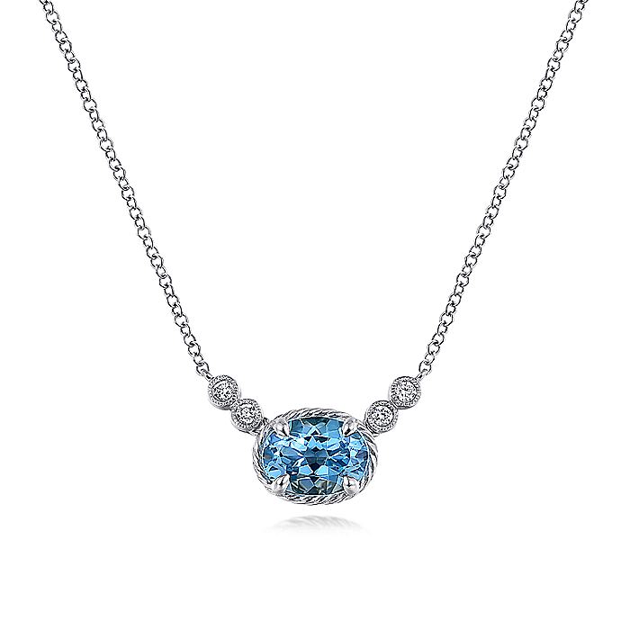 Gabriel & Co. NK5937W45BT 14K White Gold Oval Swiss Blue Topaz Pendant Necklace with Diamond Accents