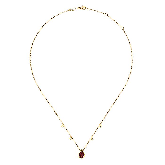 Gabriel & Co. NK5939Y45GN 14K Yellow Gold Pear Shape Garnet Pendant Necklace with Diamond Side Drops