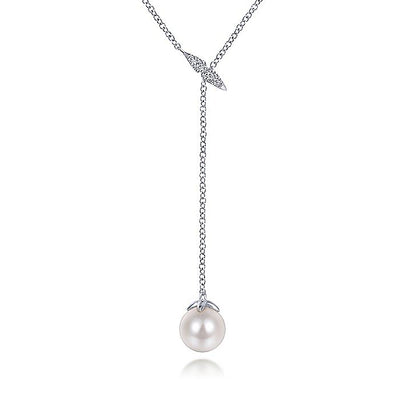 Gabriel & Co. NK5963W45PL 14K White Gold Diamond Bar Y Necklace with Cultured Pearl Drop