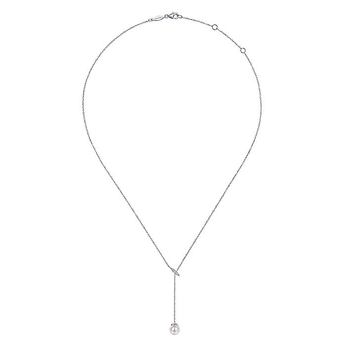 Gabriel & Co. NK5963W45PL 14K White Gold Diamond Bar Y Necklace with Cultured Pearl Drop