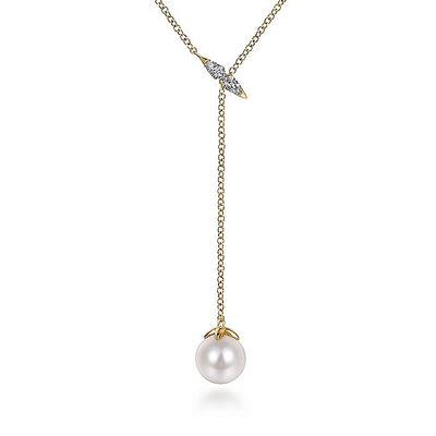 Gabriel & Co. NK5963Y45PL 14K Yellow Gold Diamond Bar Y Necklace with Cultured Pearl Drop