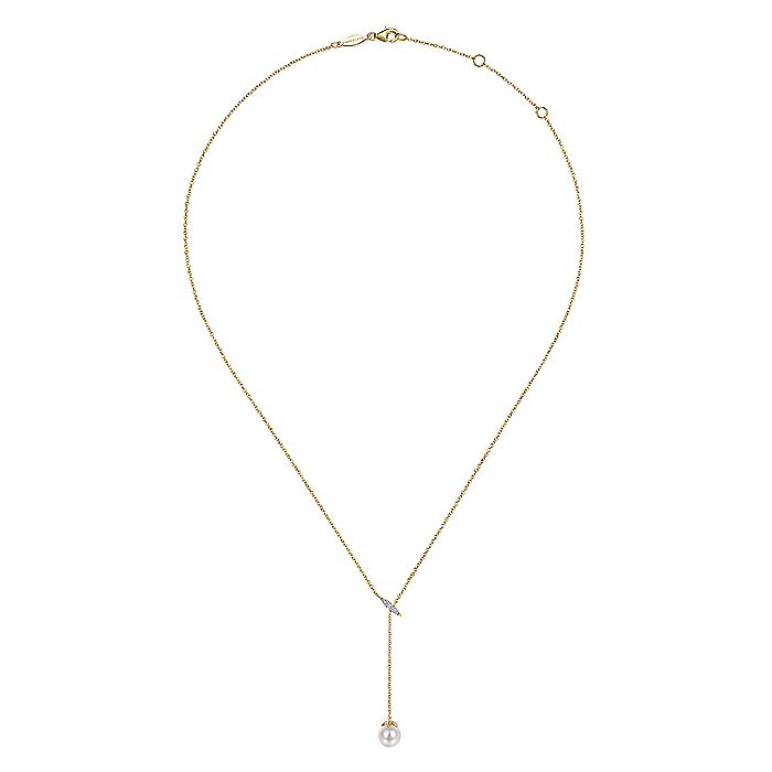 Gabriel & Co. NK5963Y45PL 14K Yellow Gold Diamond Bar Y Necklace with Cultured Pearl Drop