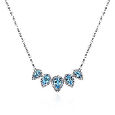 Gabriel & Co. NK6079W45BT Graduating 14K White Gold Pear Shaped Blue Topaz and Diamond Halo Necklace