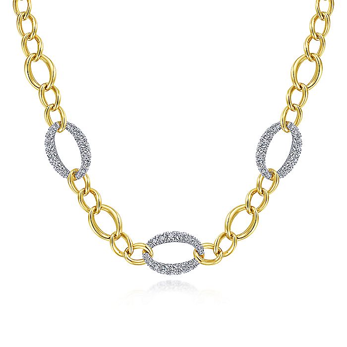 Gabriel & Co. NK6090M45JJ 14K Yellow-White Gold Oval Chain Link Necklace with Diamond Pavé