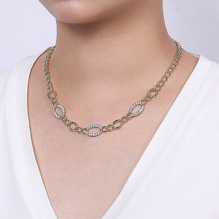 Gabriel & Co. NK6090M45JJ 14K Yellow-White Gold Oval Chain Link Necklace with Diamond Pavé