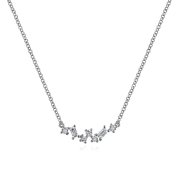 Gabriel & Co. NK6139W44JJ 14K White Gold Baguette and Round Diamond Zig Zag Necklace