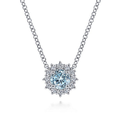 Gabriel & Co. NK6143W45AQ 18 inch 14K White Gold Round Aquamarine and Diamond Halo Pendant Necklace