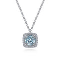 Gabriel & Co. NK6144W45AQ 14K White Gold Round Aquamarine and Cushion Diamond Halo Pendant Necklace