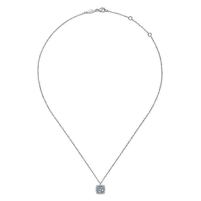 Gabriel & Co. NK6144W45AQ 14K White Gold Round Aquamarine and Cushion Diamond Halo Pendant Necklace