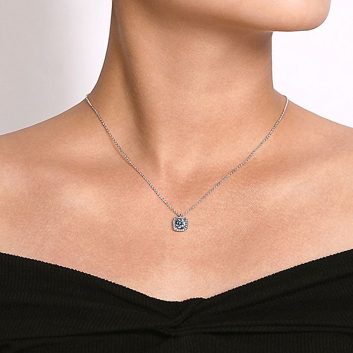 Gabriel & Co. NK6144W45AQ 14K White Gold Round Aquamarine and Cushion Diamond Halo Pendant Necklace