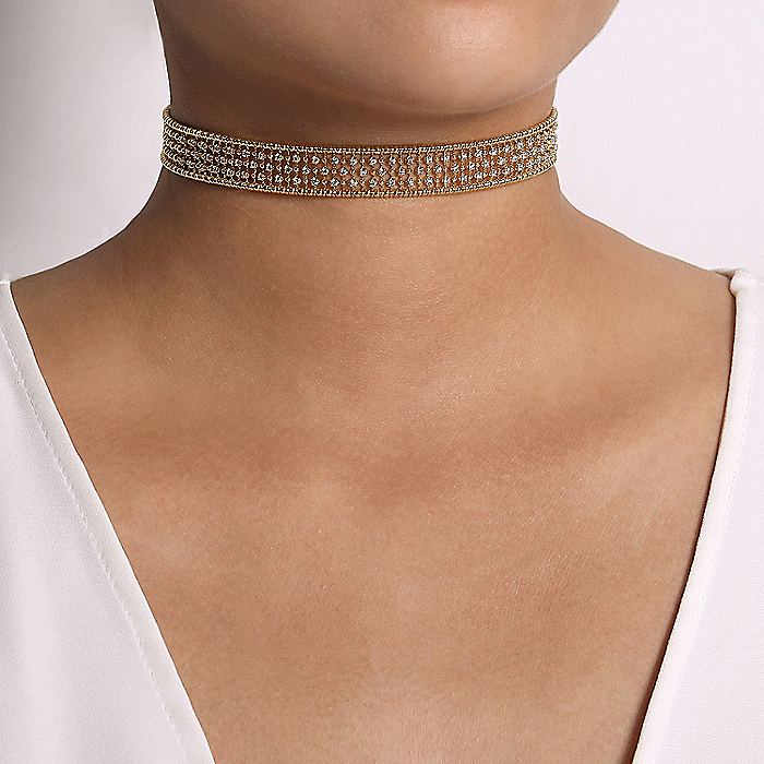 Gabriel & Co. NK6209Y45JJ 14K Yellow Gold Wide Diamond Station Choker Necklace with Bujukan Beads