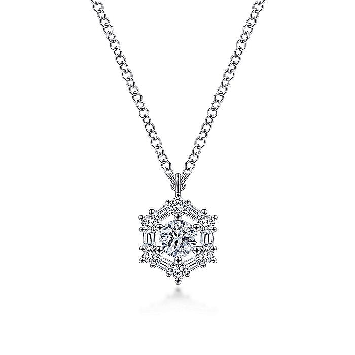 Gabriel & Co. NK6213W44JJ 14K White Gold Round Diamond Pendant Necklace with Baguette and Round Hexagonal Halo