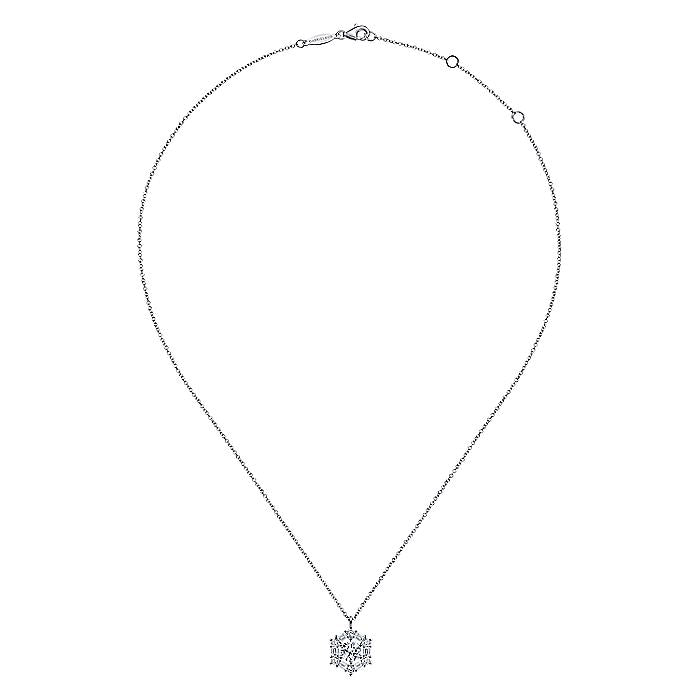 Gabriel & Co. NK6213W44JJ 14K White Gold Round Diamond Pendant Necklace with Baguette and Round Hexagonal Halo