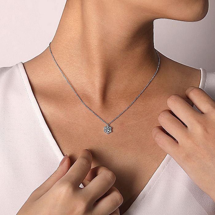 Gabriel & Co. NK6213W44JJ 14K White Gold Round Diamond Pendant Necklace with Baguette and Round Hexagonal Halo