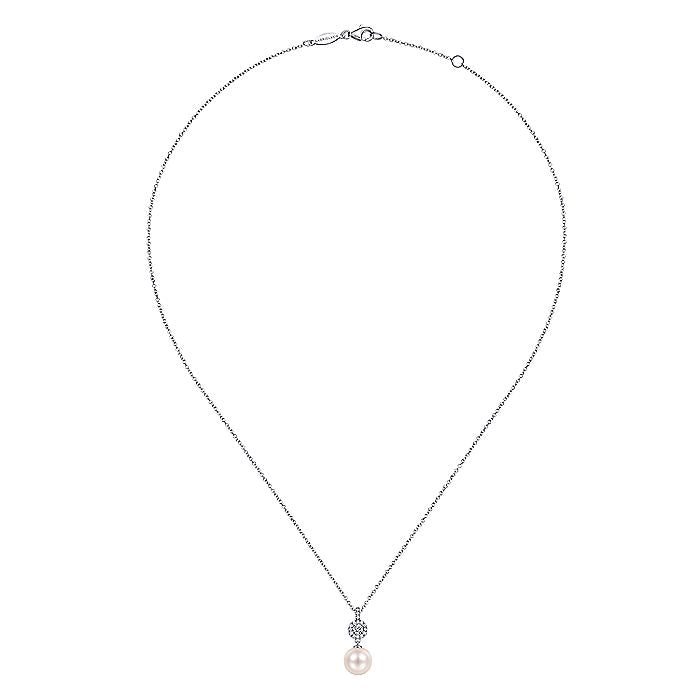 Gabriel & Co. NK6335W45PL 14K White Gold Diamond Pavé Halo and Pearl Drop Pendant Necklace