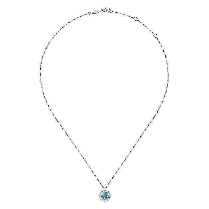 Gabriel & Co. NK6341W45BT 18 inch 14K White Gold Round Blue Topaz and Diamond Halo Pendant Necklace