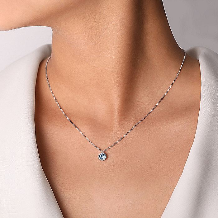 Gabriel & Co. NK6341W45BT 18 inch 14K White Gold Round Blue Topaz and Diamond Halo Pendant Necklace