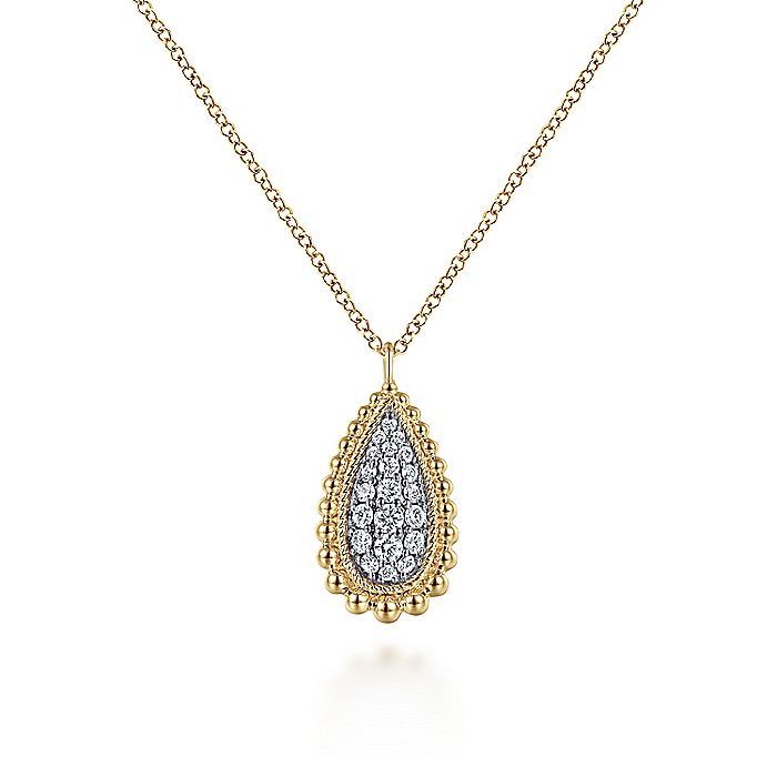 Gabriel & Co. NK6357Y45JJ 14K Yellow Gold Teardrop Diamond Pavé Pendant Necklace with Beaded Frame