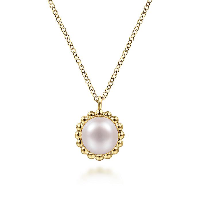 Gabriel & Co. NK6412Y4JPL 14K Yellow Gold Round Pearl Pendant Necklace with Bujukan Beaded Frame