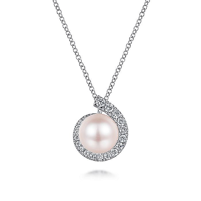 Gabriel & Co. NK6437W45PL 14K White Gold Round Pearl Pendant Necklace with Diamond Halo Swirl