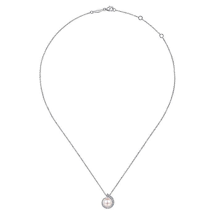 Gabriel & Co. NK6437W45PL 14K White Gold Round Pearl Pendant Necklace with Diamond Halo Swirl