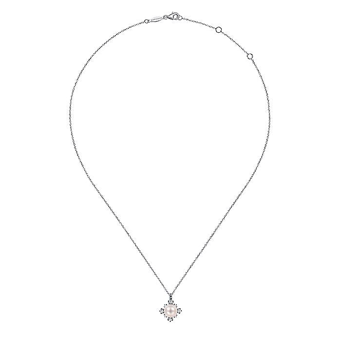 Gabriel & Co. NK6440W45PL 14K White Gold Round Pearl Pendant Necklace with Diamond Accents