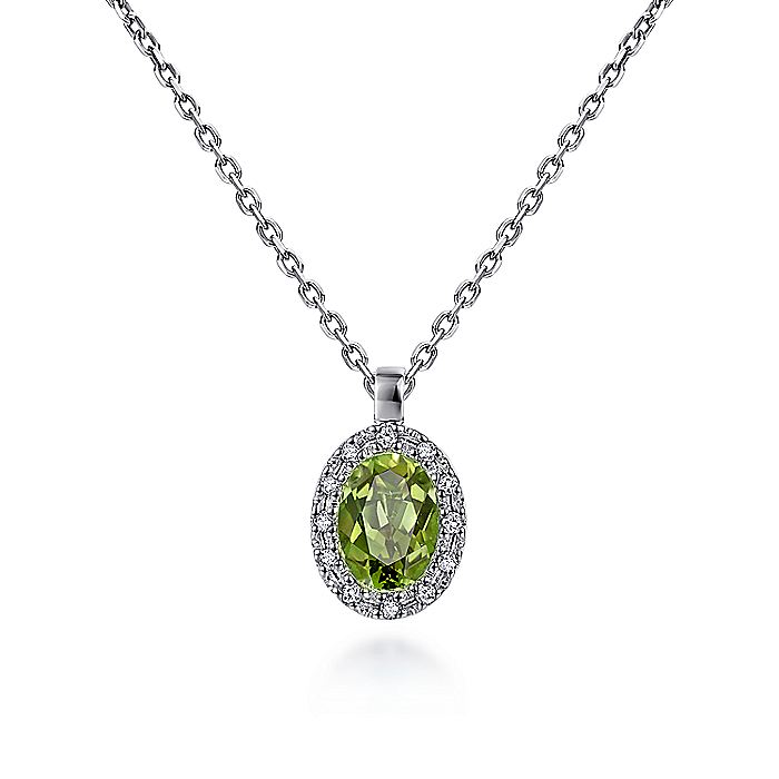 Gabriel & Co. NK647W45PE 18 inch 14K White Gold Peridot and Diamond Halo Drop Necklace