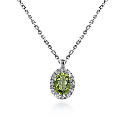 Gabriel & Co. NK647W45PE 18 inch 14K White Gold Peridot and Diamond Halo Drop Necklace