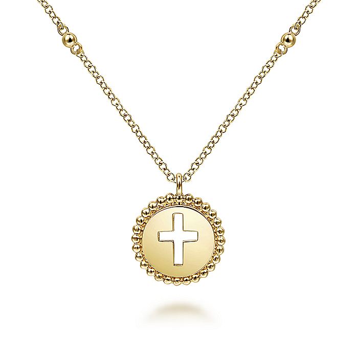 Gabriel & Co. NK6490Y4JJJ 14K Yellow Gold Round Cutout Cross Pendant Necklace with Bujukan Bead Frame