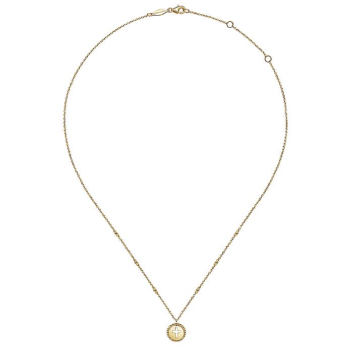 Gabriel & Co. NK6490Y4JJJ 14K Yellow Gold Round Cutout Cross Pendant Necklace with Bujukan Bead Frame