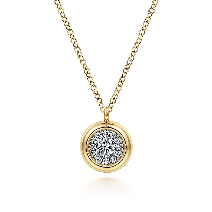 Gabriel & Co. NK6617Y45JJ 14K Yellow Gold Round Diamond Halo Pendant Necklace with Bezel Frame