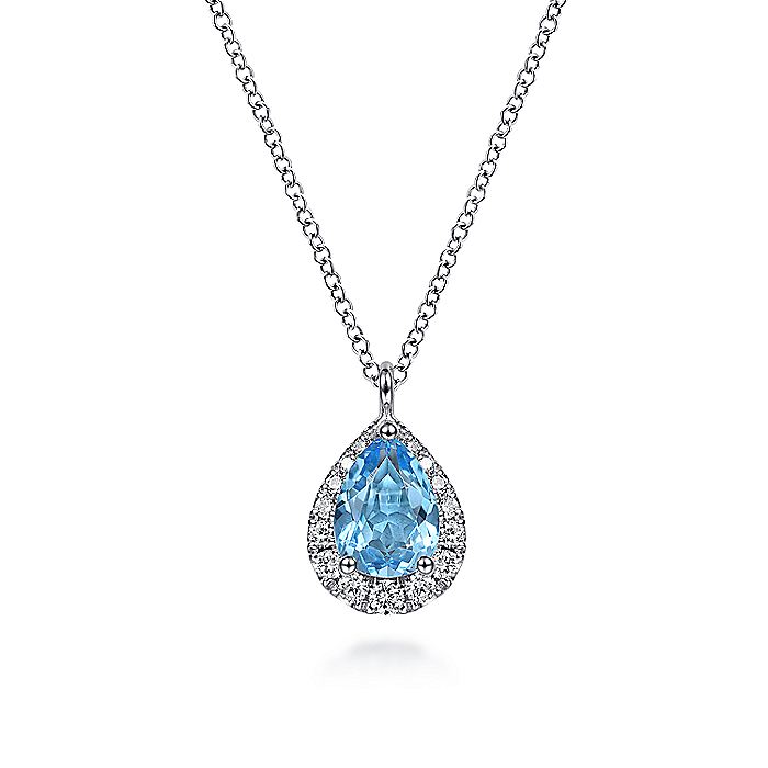 Gabriel & Co. NK6629W45BT 14K White Gold Pear Shape Blue Topaz and Diamond Halo Pendant Necklace