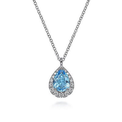 Gabriel & Co. NK6629W45BT 14K White Gold Pear Shape Blue Topaz and Diamond Halo Pendant Necklace