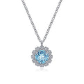 Gabriel & Co. NK6631W45BT 14K White Gold Round Blue Topaz and Diamond Halo Pendant Necklace