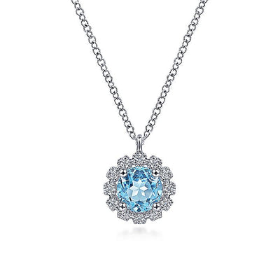 Gabriel & Co. NK6631W45BT 14K White Gold Round Blue Topaz and Diamond Halo Pendant Necklace