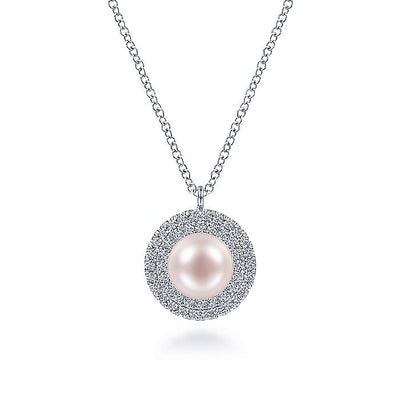 Gabriel & Co. NK6633W45PL 14K White Gold Round Pearl and Diamond Halo Pendant Necklace