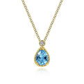 Gabriel & Co. NK6634Y45BT 14K Yellow Gold Pear Shape Blue Topaz Pendant Necklace with Bezel Set Diamond