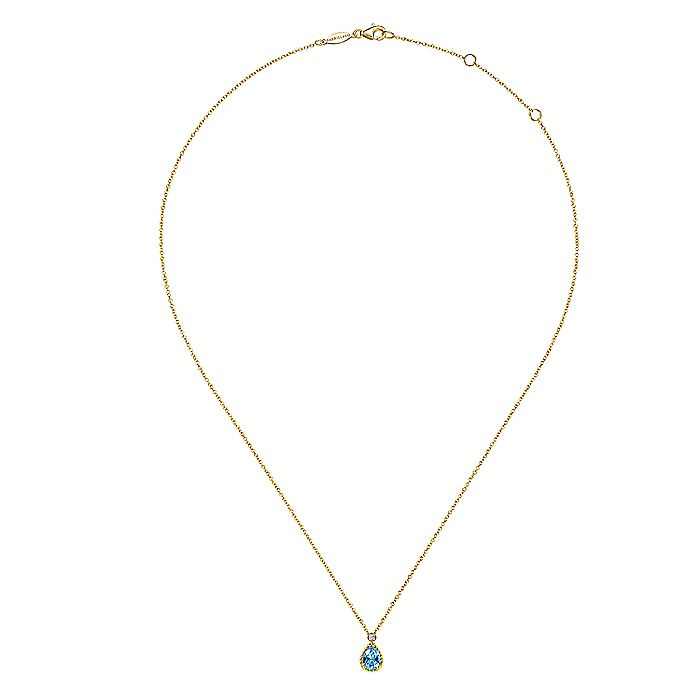 Gabriel & Co. NK6634Y45BT 14K Yellow Gold Pear Shape Blue Topaz Pendant Necklace with Bezel Set Diamond