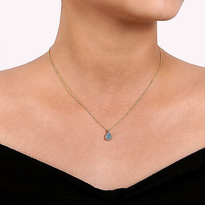 Gabriel & Co. NK6634Y45BT 14K Yellow Gold Pear Shape Blue Topaz Pendant Necklace with Bezel Set Diamond